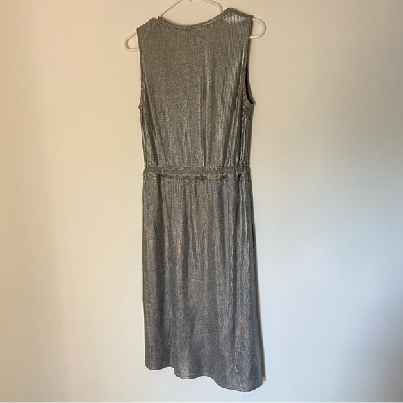 Dolan Anthropologie Silver Metallic Midi Dress Drawstring Waist, Ribbed Sz S - Picture 9 of 15